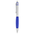A metal pen featuring a silver barrel and a blue grip, with a clip and a logo.