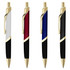 A set of four metal pens in white, burgundy, blue, and black, featuring gold accents and a logo.