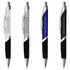 A set of four metal pens featuring silver, black, and blue designs, each with a branding logo.