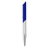 A metal pen with a sleek blue barrel and silver accents, featuring a clip and a branded logo.