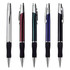 A collection of five metal pens in silver, burgundy, green, blue, and black, featuring a textured grip and clip.