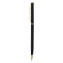 A metal pen in black with gold accents, featuring a sleek design and a branded logo.