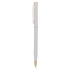 A metal pen in white with gold accents, featuring a clip and a sleek design. Includes branding on the pen.