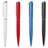 Four metal pens in white, red, blue, and black, featuring a silver clip and detailing. Each pen has a sleek design.