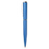 A blue metal pen with a sleek design and a silver clip, featuring a logo on its body.