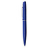 A metal pen in a vibrant blue colour with a sleek design and a clip on the side. It features a branding logo.