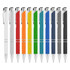 A selection of metal pens in white, red, orange, yellow, green, blue, dark blue, and black, featuring chrome accents.
