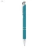 A metal pen in teal with silver accents and a clip, featuring a logo.
