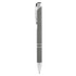 A grey metal pen with a shiny silver clip and accents, featuring a logo.