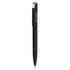 A black metal pen with a sleek design and a clip, featuring a logo on the side.