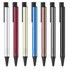 A set of eight metal pens in silver, red, gold, blue, rose gold, grey, and black, featuring a clip and a textured grip.
