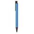 A blue metal pen with a black tip and clip, featuring a sleek design and branding.
