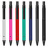 A collection of metal pens in white, pink, red, teal, navy, grey, and black, each featuring a branding logo.