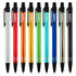 A collection of metal pens in silver, red, orange, green, blue, and gold, featuring a logo on each pen.