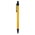 A metal pen in vibrant orange with a black clip and accents. The pen features a sleek design.
