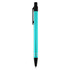 A turquoise metal pen with a black clip and tip, featuring silver accents. The pen has a branding logo.