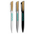 A collection of three metal pens in white, silver, and black, featuring wooden accents and a logo.