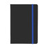 A5 PU notebook in black with a blue elastic band. Features a smooth cover and includes a logo.