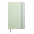 A light green PU notebook with a grey elastic band and a ribbon bookmark, featuring a logo on the cover.