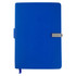 A blue notebook with a metal clasp, featuring a sleek design and a ribbon bookmark. Includes a branding logo.