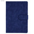 A navy blue notebook with a textured cover and a clasp closure. It features a logo on the front.