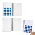 A blue dotted notebook with a spiral binding and blank pages, featuring a section for holding blue dots.