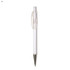A clear plastic pen with a retractable nib and a silver metallic tip, featuring a simplistic design and branding.