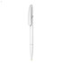 A white plastic pen with a sleek design and a clip, featuring a branding logo.