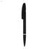 A black plastic pen with a clip and a silver band, featuring a logo on the barrel.