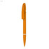 An orange plastic pen with a retractable design and a white stripe around the barrel, featuring a logo.