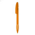 An orange plastic pen with a contoured design and a clip at the top. It features a branding logo.