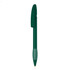 A green plastic pen featuring a clip and a rounded tip. The pen has a logo on its body.