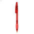 A red plastic pen with a transparent barrel and a click mechanism, featuring a logo on its side.