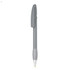 A grey plastic pen with a sleek design and a clip, featuring a metallic tip. It includes a brand logo.