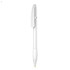 A white plastic pen with a smooth grip and a clip, featuring a branding logo on the side.