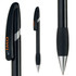 A black plastic pen with a grip section and a logo. The pen features a sleek design and a silver nib.