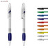 A plastic pen with a clear barrel and a blue grip, accompanied by pens in various colours on the side.