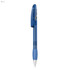 A blue plastic pen with a transparent upper section and a solid blue end, featuring a clip and a branding logo.