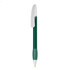 A green plastic pen with a silver clip and a smooth design, featuring a logo.