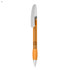 An orange plastic pen with a silver clip and a transparent orange barrel.