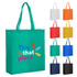 A green reusable grocery bag with a logo, displayed alongside bags in white, orange, red, yellow, blue, and black.