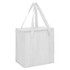 A white non-woven cooler bag with a zipped lid and sturdy handles, featuring a logo.