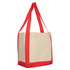 A reusable grocery bag in natural with red straps and a large open design. It features a logo on the side.