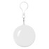 A white wind poncho stored in a round, compact pouch with a clasp for easy attachment.