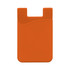 An orange mobile phone wallet with a curved design, featuring a slot at the top and a logo on the front.