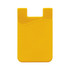A yellow mobile phone wallet with a textured finish and a simple design, featuring a branding logo.
