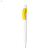 A white plastic pen with a yellow clip. The pen features a simple design and has a branding logo.
