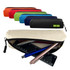 A canvas tube pencil case in various colours, featuring a zip closure with pens and a ruler inside. It has a logo.