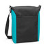A black and teal cooler bag with a shoulder strap and front pocket, featuring a logo.