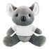 A grey koala plush toy wearing a white t-shirt, with large ears and a round nose. It has a logo on its shirt.